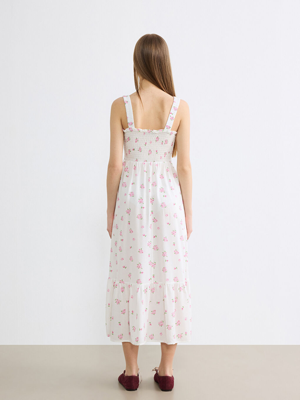 Pembe Kare Yaka Çiçekli Belden Oturtmalı Elbise-2