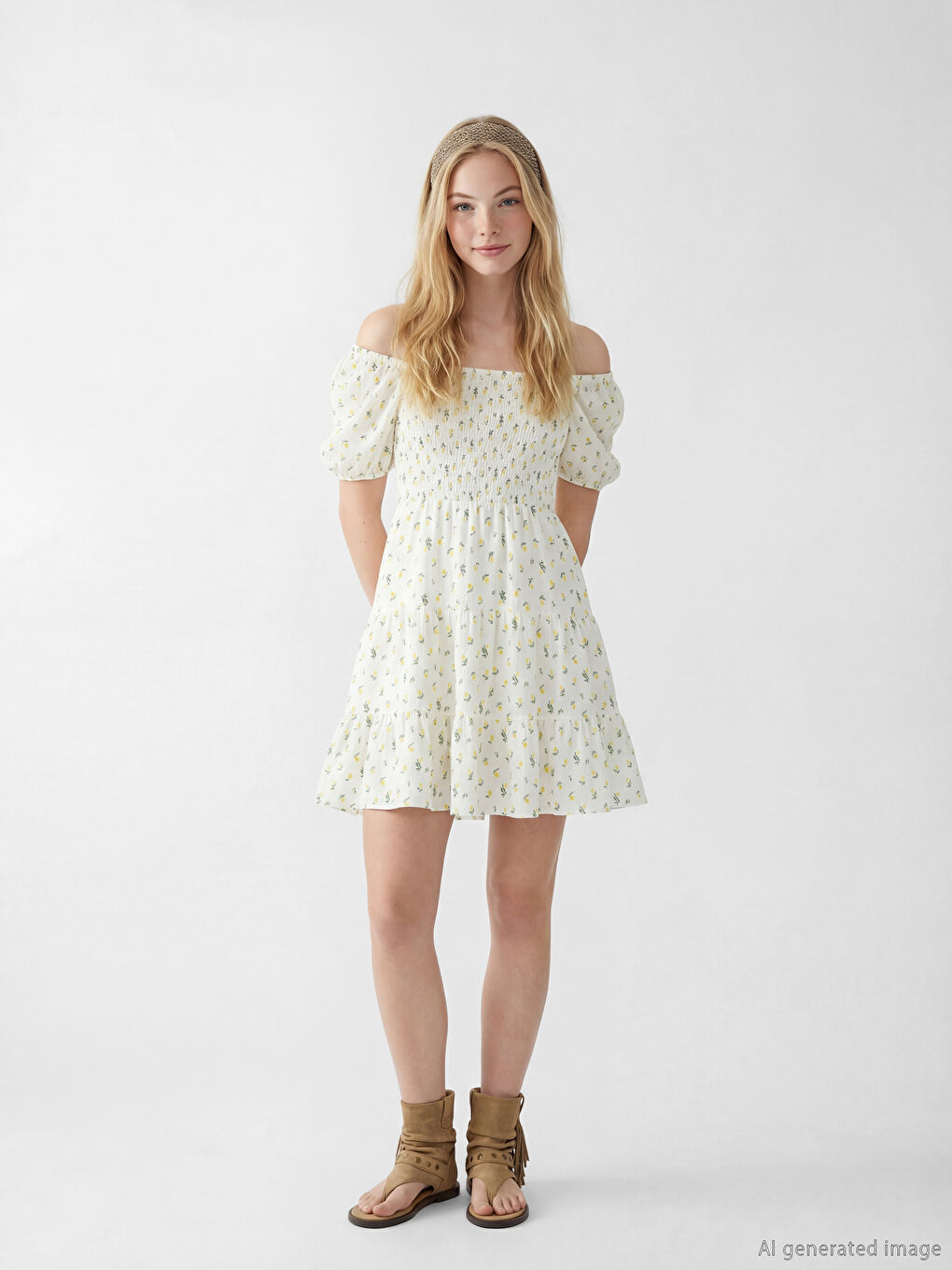 Sarı Çiçekli Mini Kloş Elbise