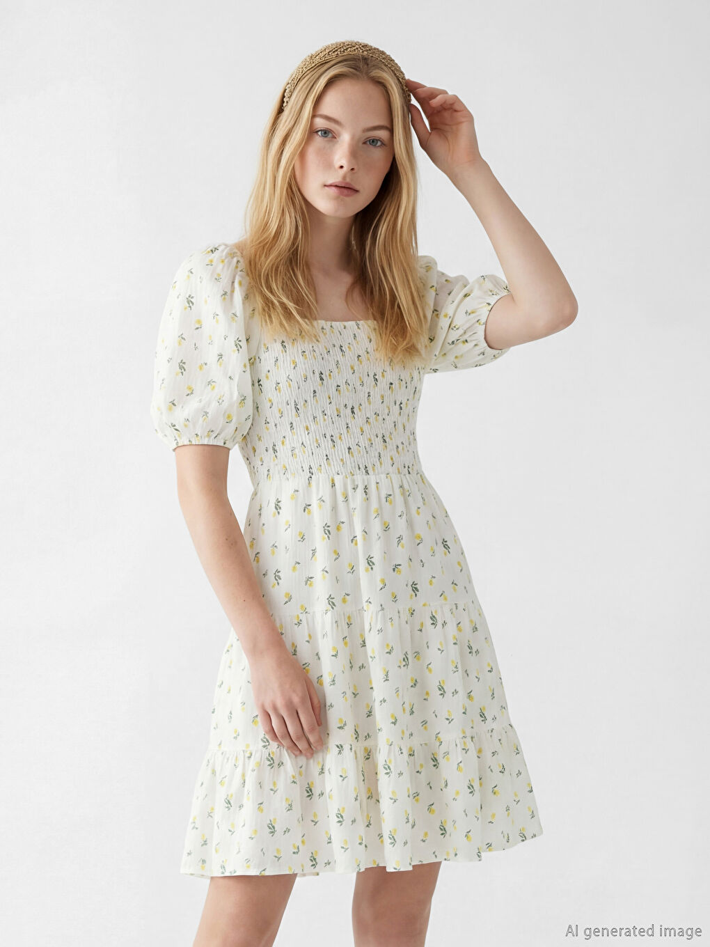 Sarı Çiçekli Mini Kloş Elbise-1