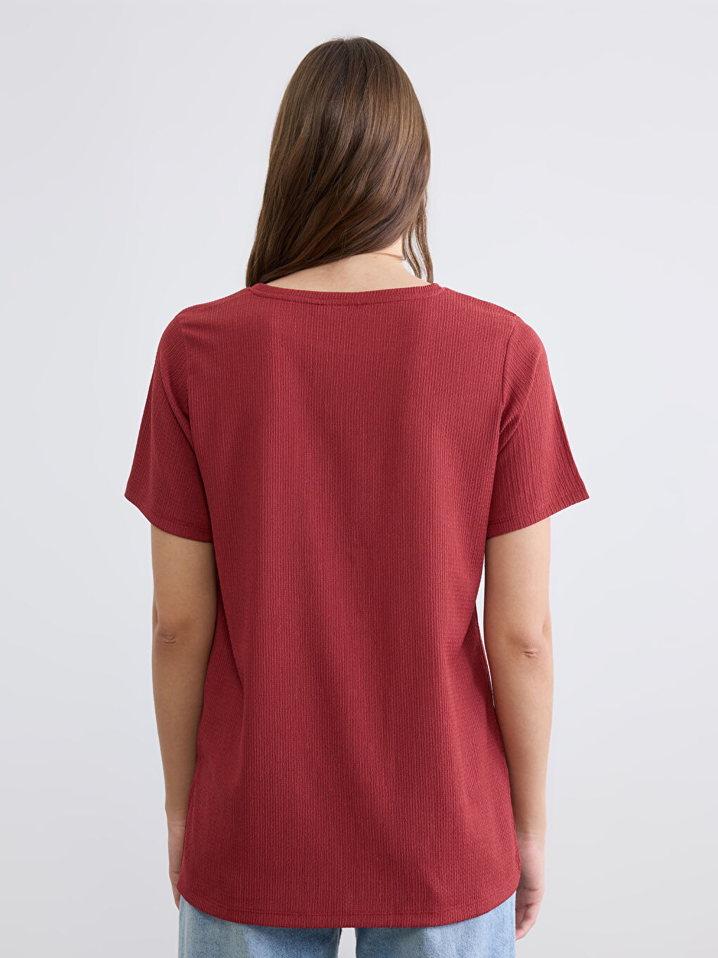 Kırmızı Bisiklet Yaka Fitilli Kadın Tişört-3