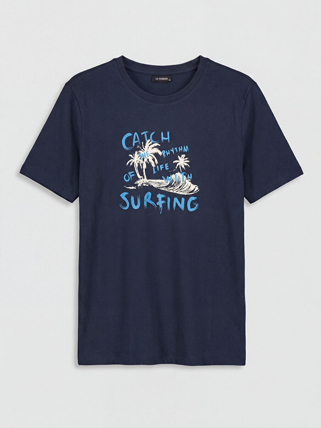 Lacivert Bisiklet Yaka Baskılı Erkek Tişört-4