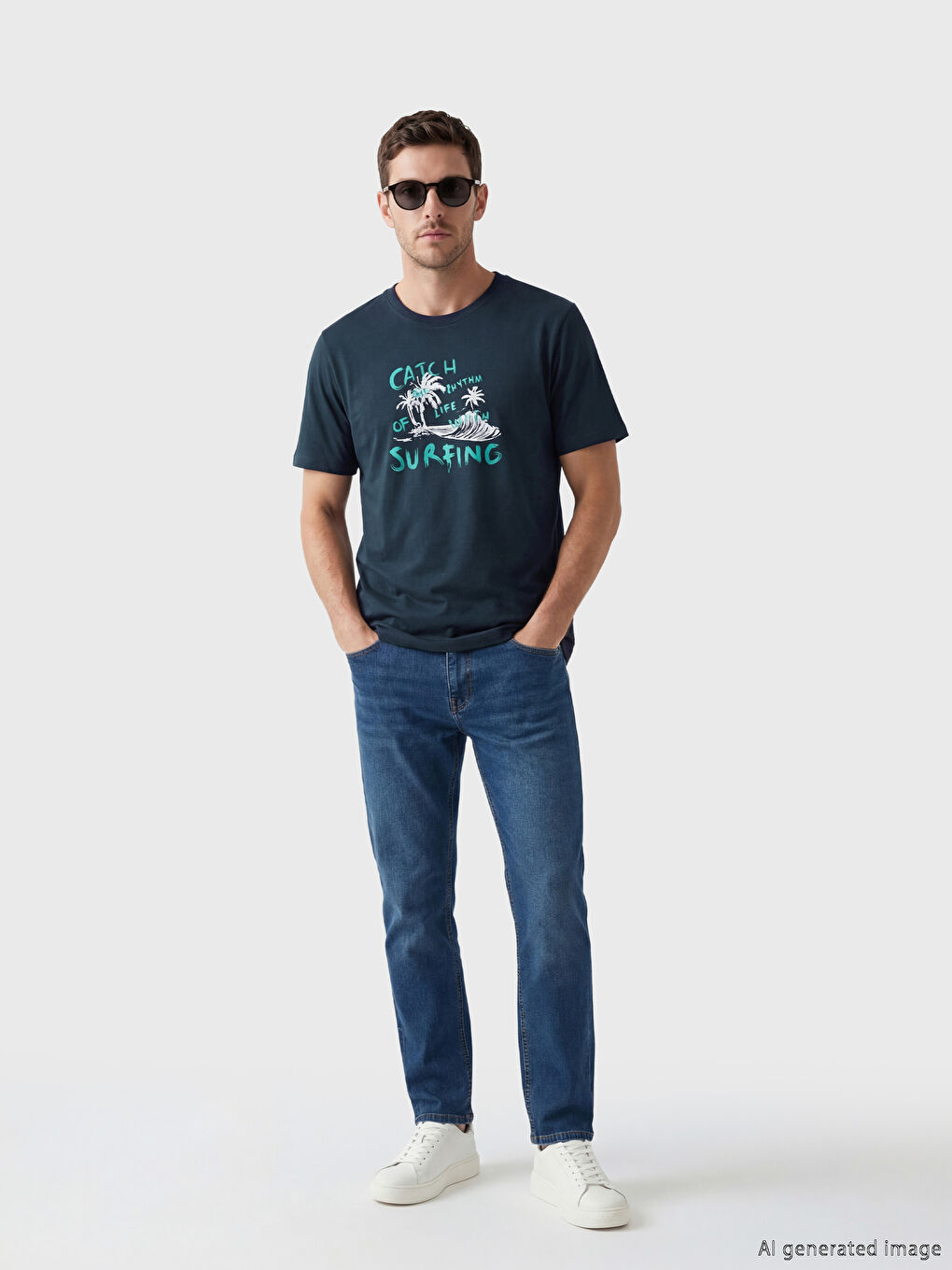 Lacivert Bisiklet Yaka Baskılı Erkek Tişört-1