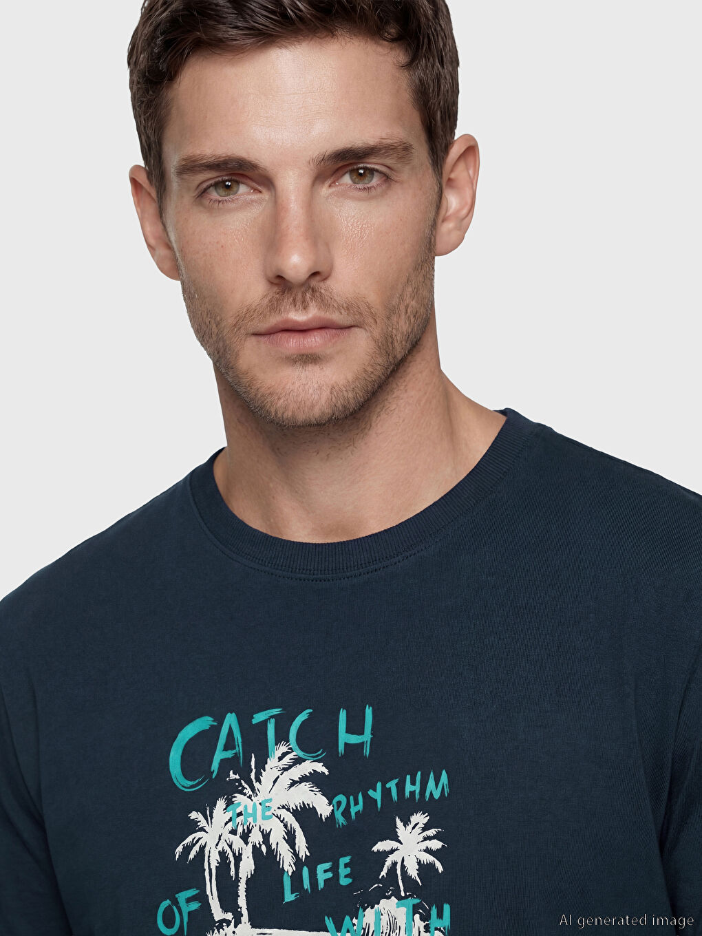 Lacivert Bisiklet Yaka Baskılı Erkek Tişört-2