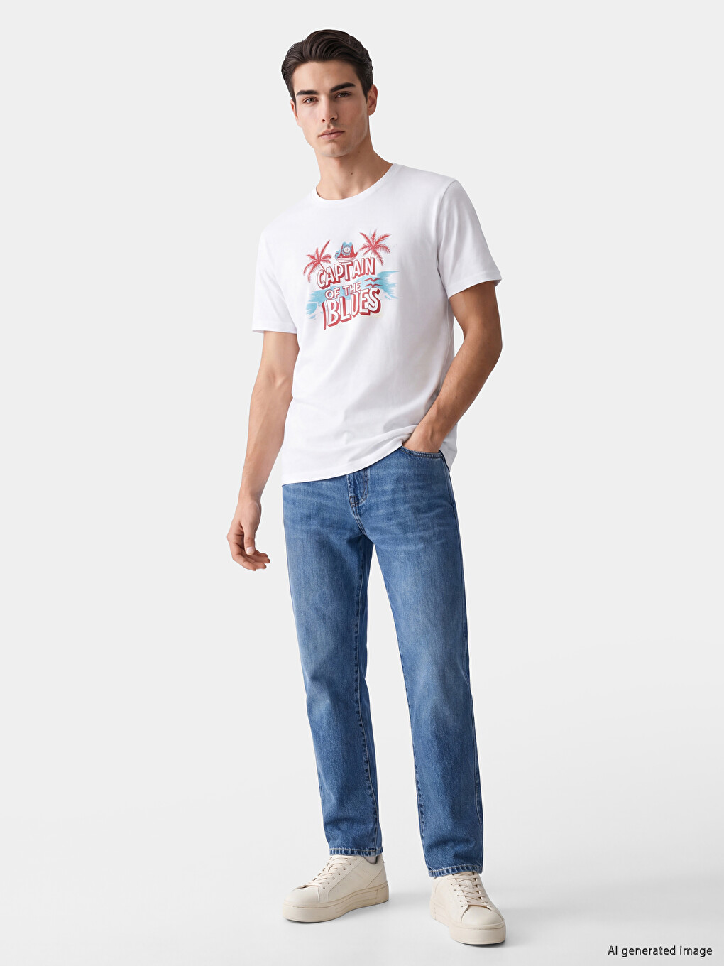 Beyaz %100 Pamuk Regular Fit Baskılı Erkek Tişört-1