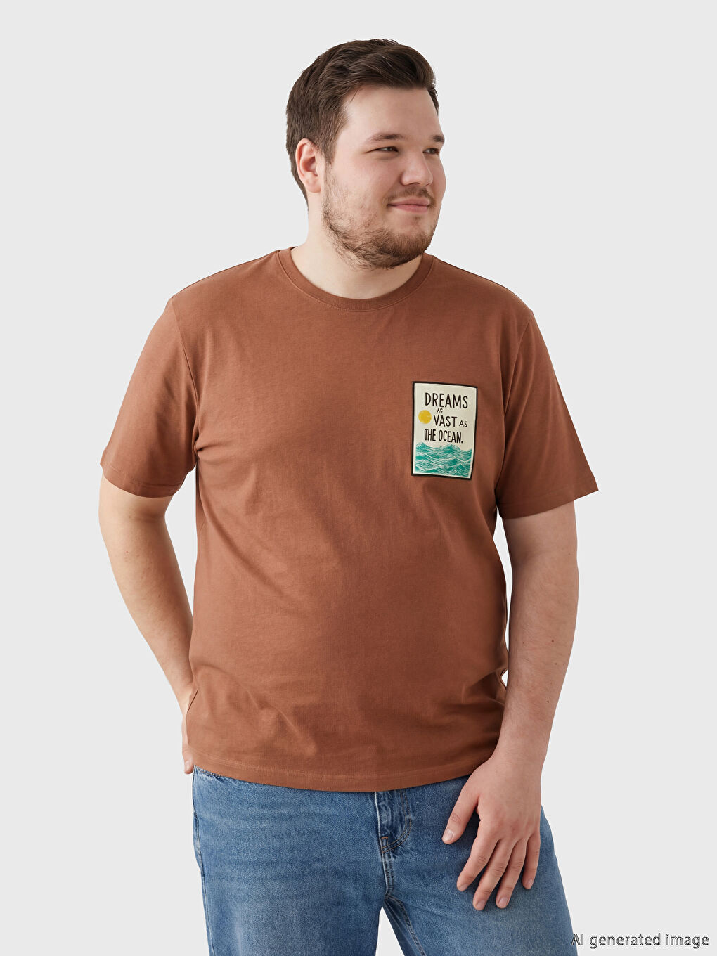 Kahverengi Bisiklet Yaka Baskılı Erkek Tişört