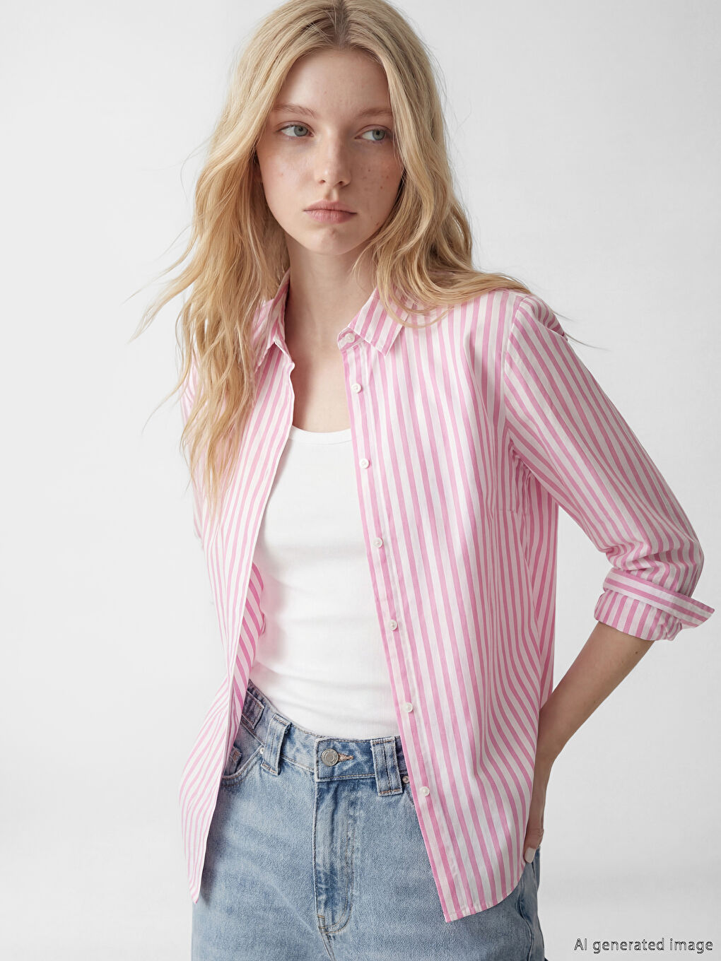 Pembe Çizgili Poplin Kadın Gömlek