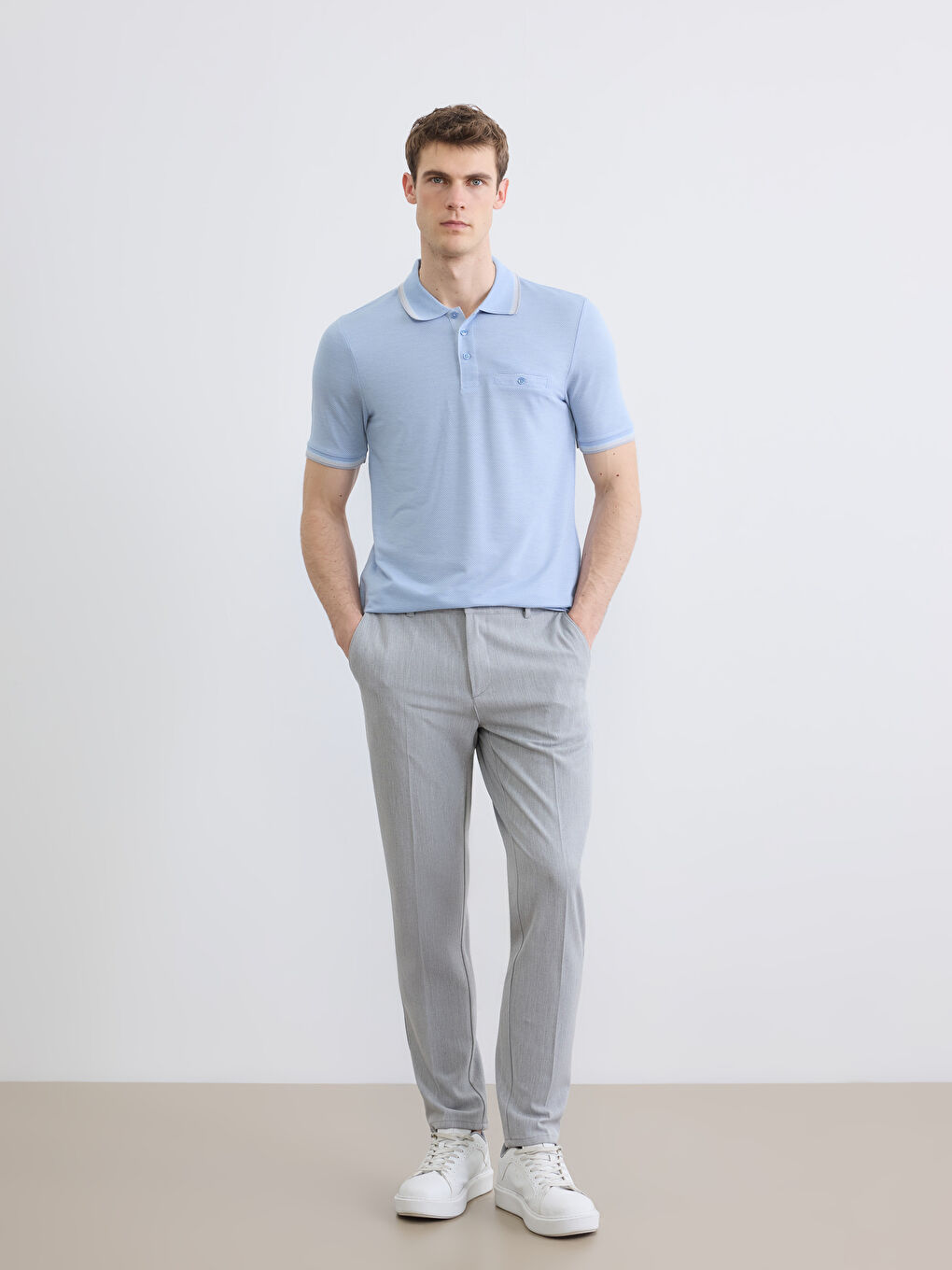 Mavi Polo Yaka Kısa Kollu Pile Erkek Tişört-1