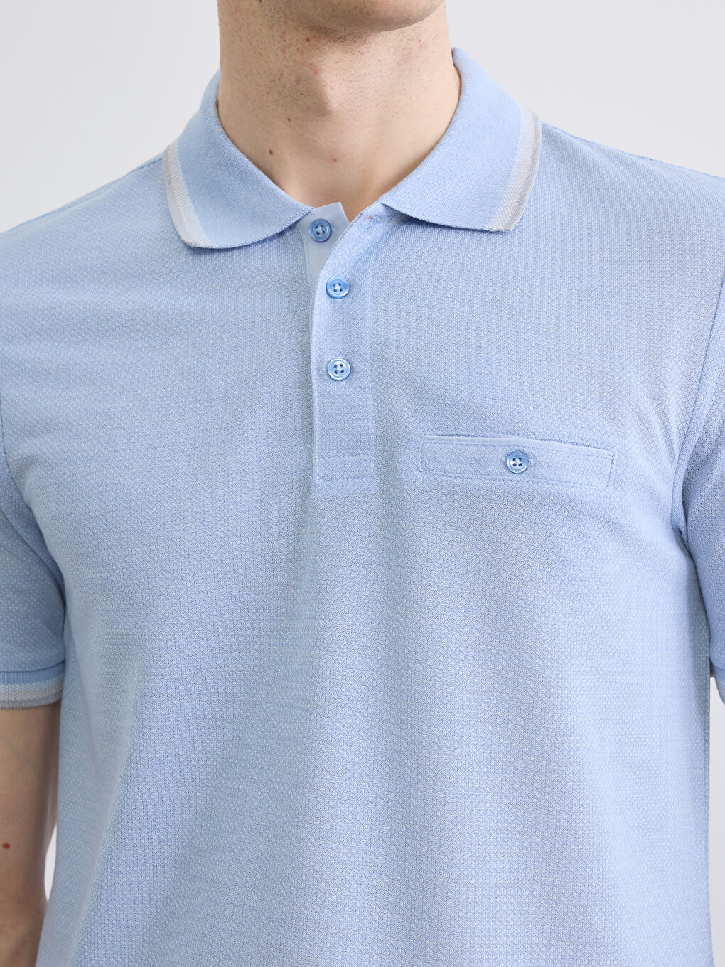 Mavi Polo Yaka Kısa Kollu Pile Erkek Tişört-2