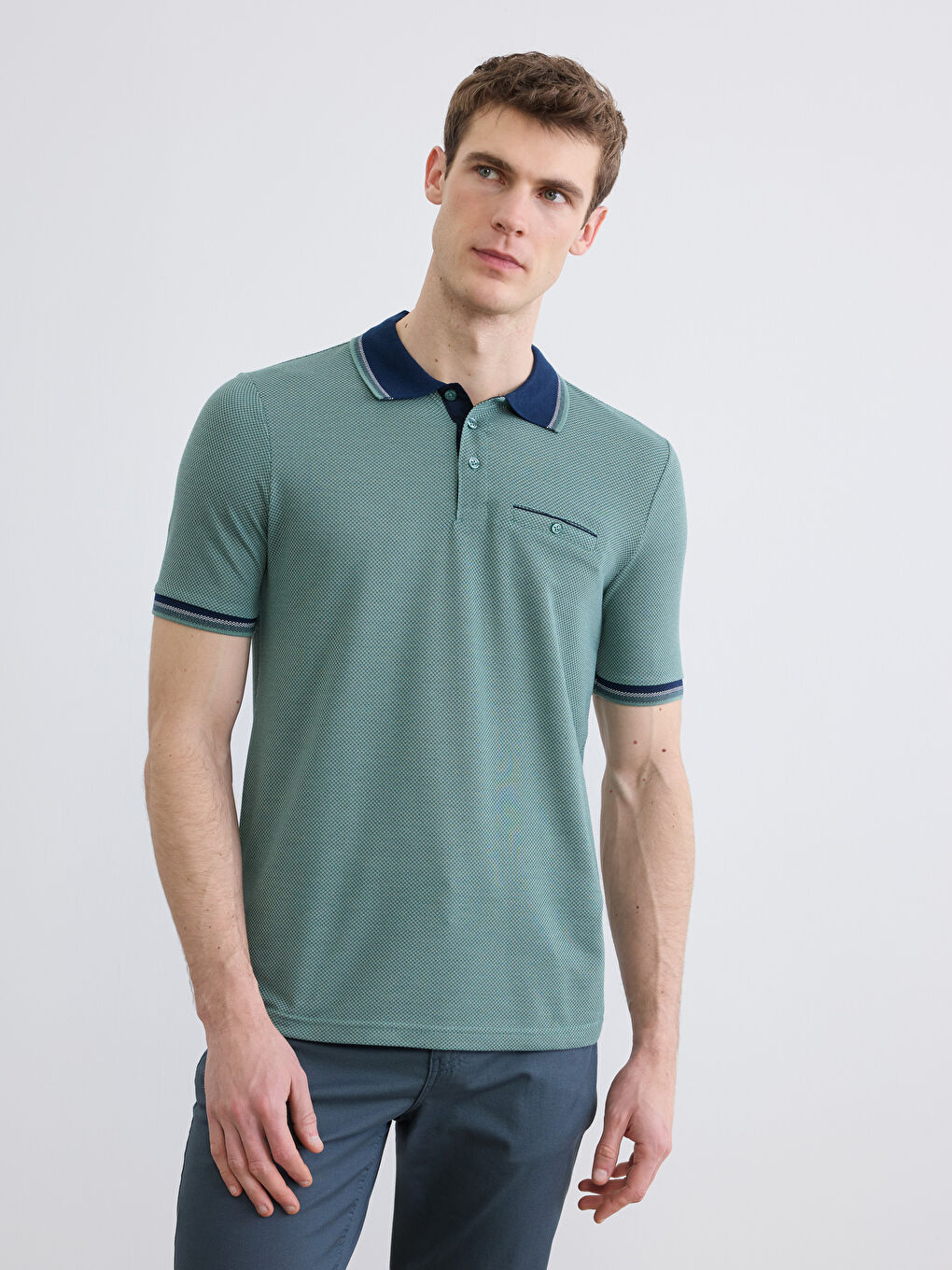 Yeşil Polo Yaka Kısa Kollu Pile Erkek Tişört