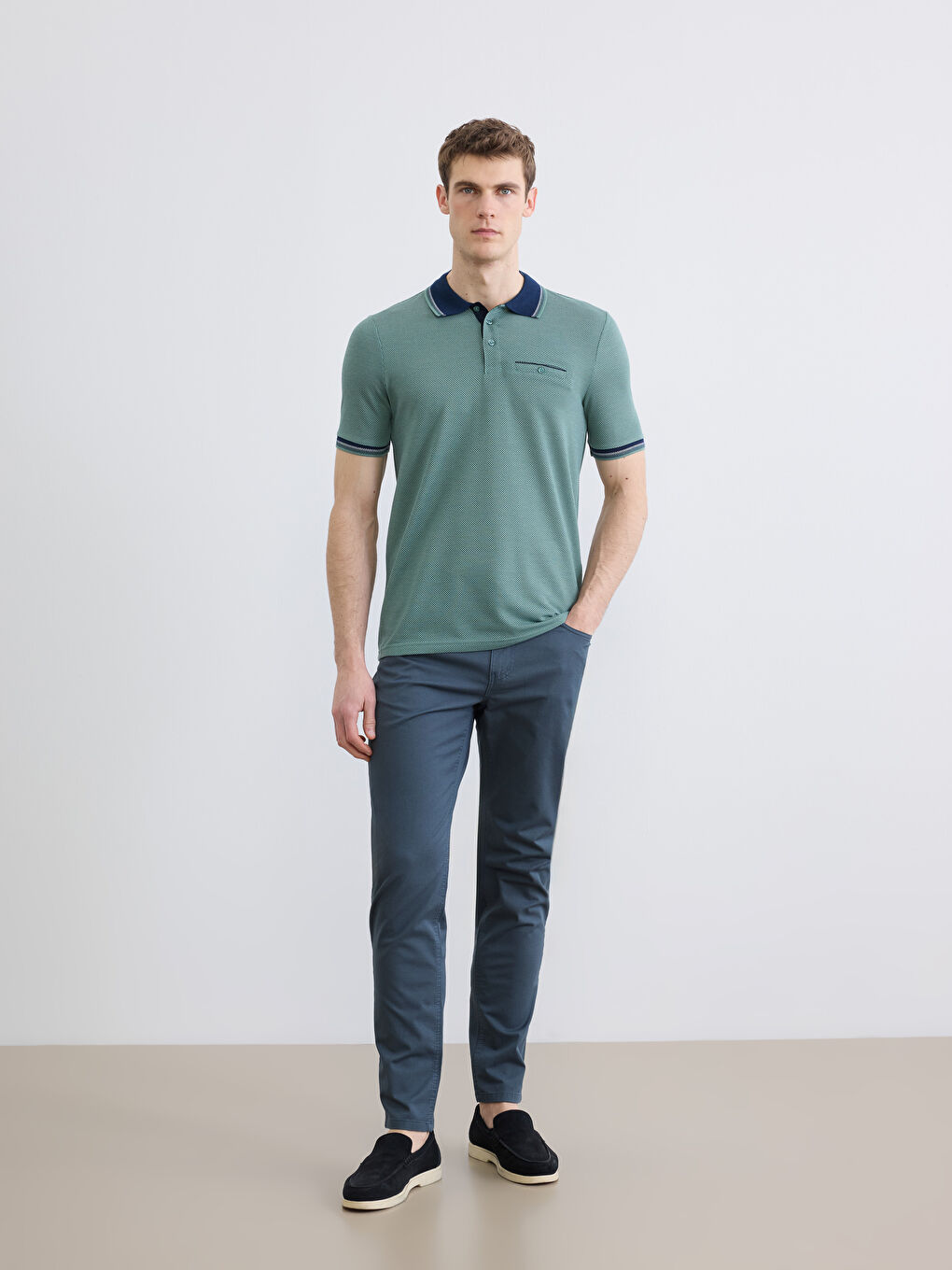 Yeşil Polo Yaka Kısa Kollu Pile Erkek Tişört-1