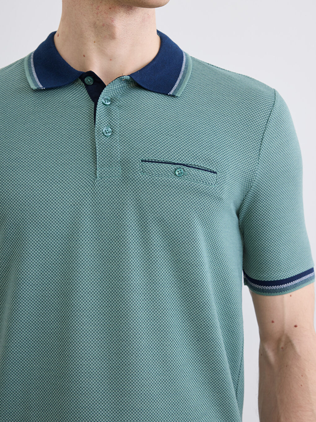 Yeşil Polo Yaka Kısa Kollu Pile Erkek Tişört-2