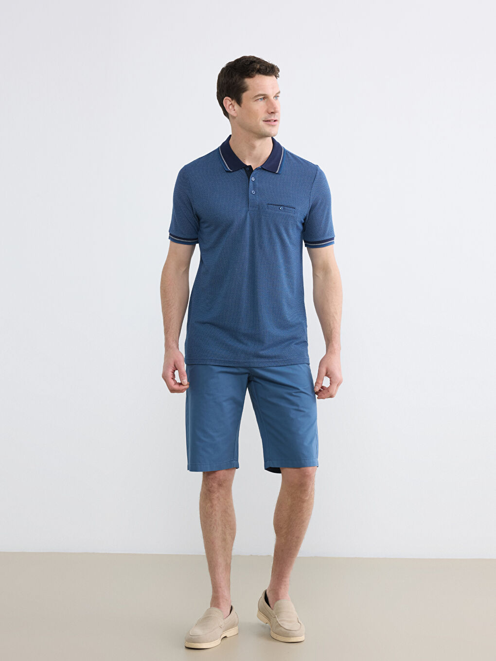 Lacivert Polo Yaka Kısa Kollu Pile Erkek Tişört-1