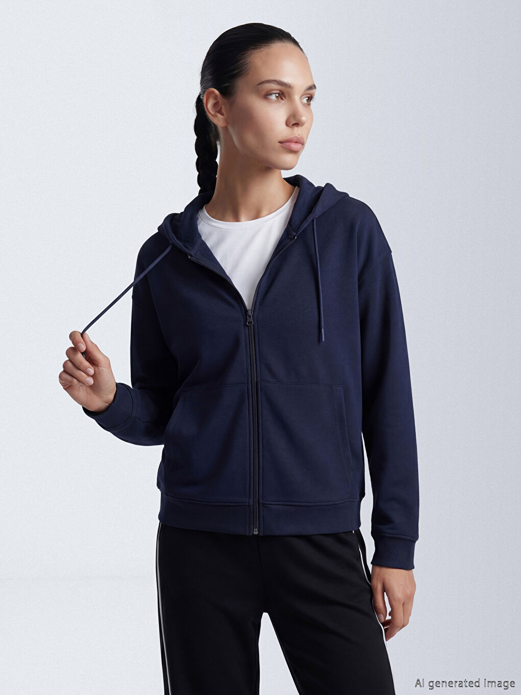 Lacivert Kapüşonlu Soft Touch Kadın Fermuarlı Sweatshirt