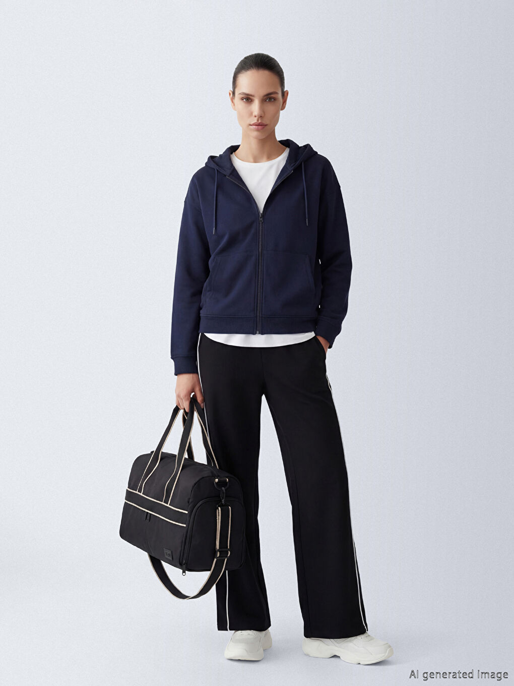 Lacivert Kapüşonlu Soft Touch Kadın Fermuarlı Sweatshirt-1