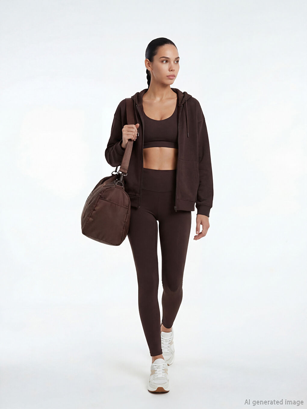 Kahverengi Kapüşonlu Soft Touch Kadın Fermuarlı Sweatshirt-1