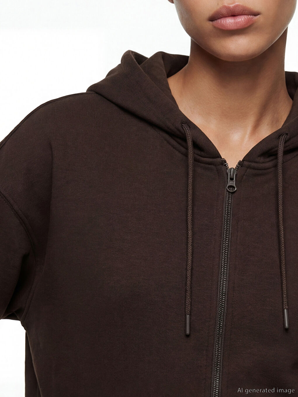 Kahverengi Kapüşonlu Soft Touch Kadın Fermuarlı Sweatshirt-2