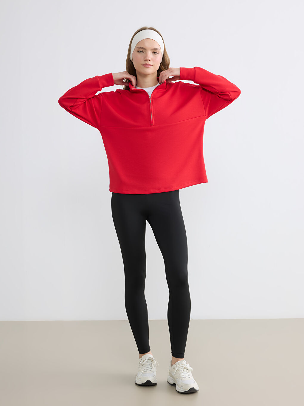 Kırmızı Dik Yaka Soft Touch Oversize Kadın Sweatshirt-1