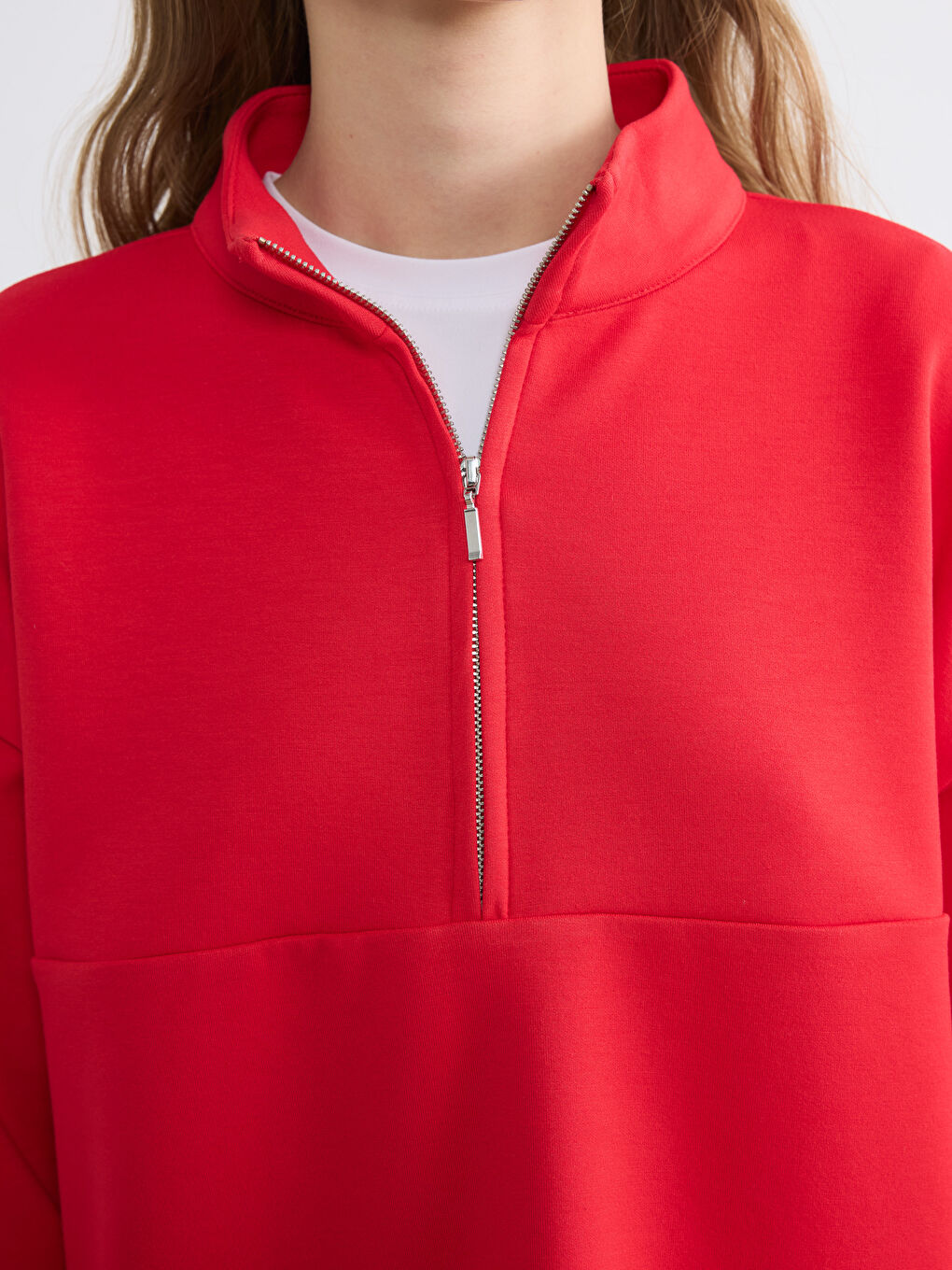 Kırmızı Dik Yaka Soft Touch Oversize Kadın Sweatshirt-2