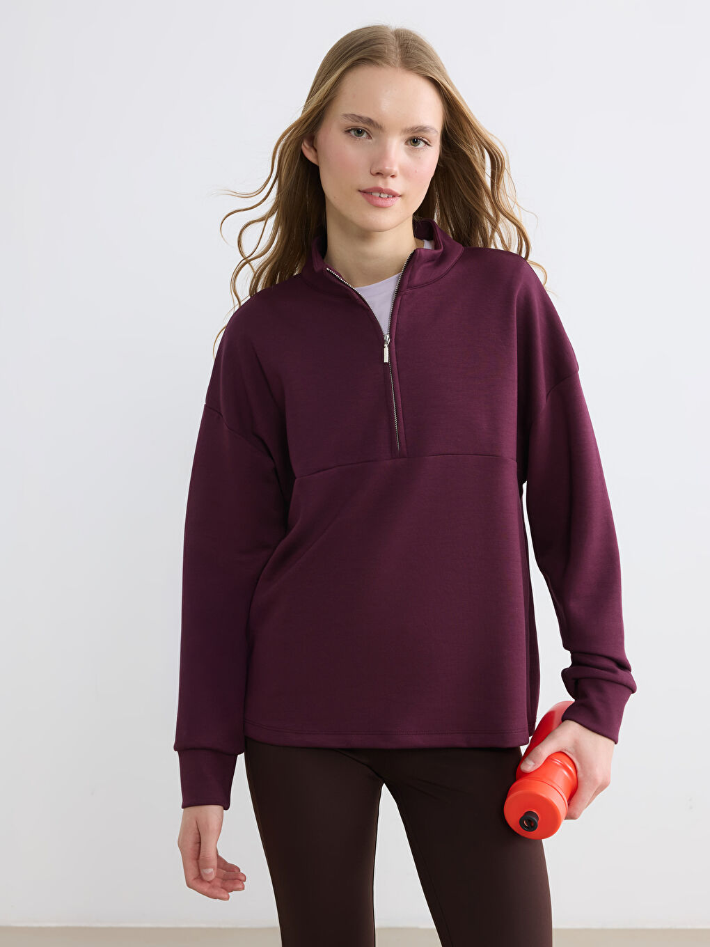 Bordo Dik Yaka Soft Touch Oversize Kadın Sweatshirt