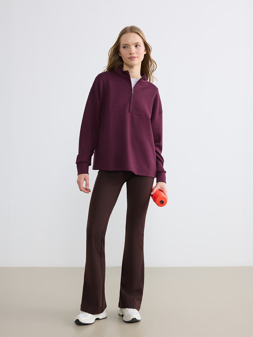 Bordo Dik Yaka Soft Touch Oversize Kadın Sweatshirt-1