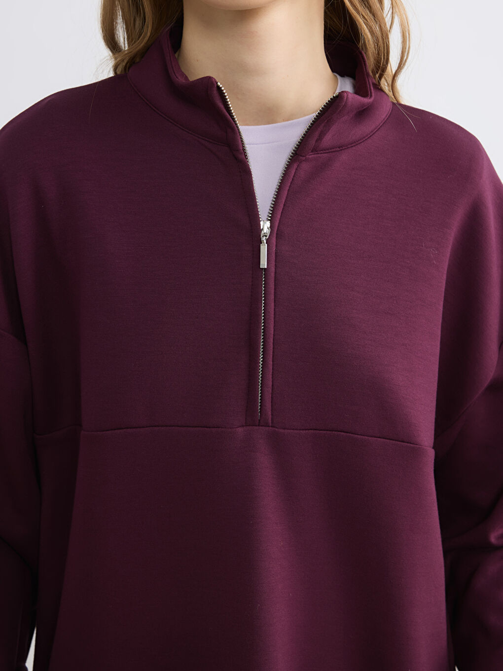 Bordo Dik Yaka Soft Touch Oversize Kadın Sweatshirt-2