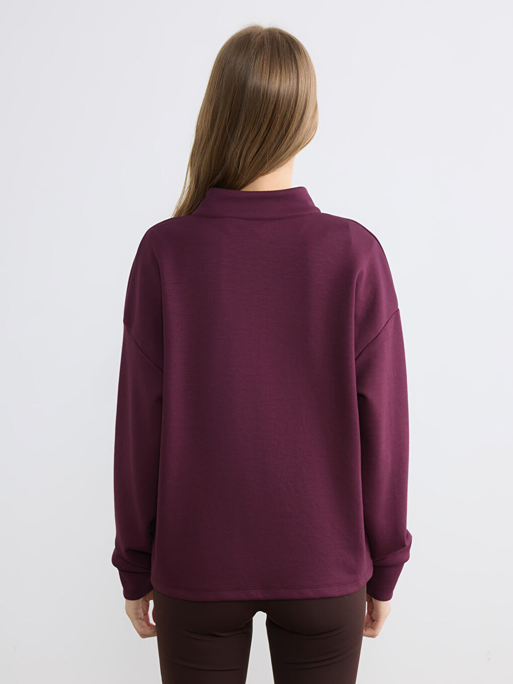 Bordo Dik Yaka Soft Touch Oversize Kadın Sweatshirt-3