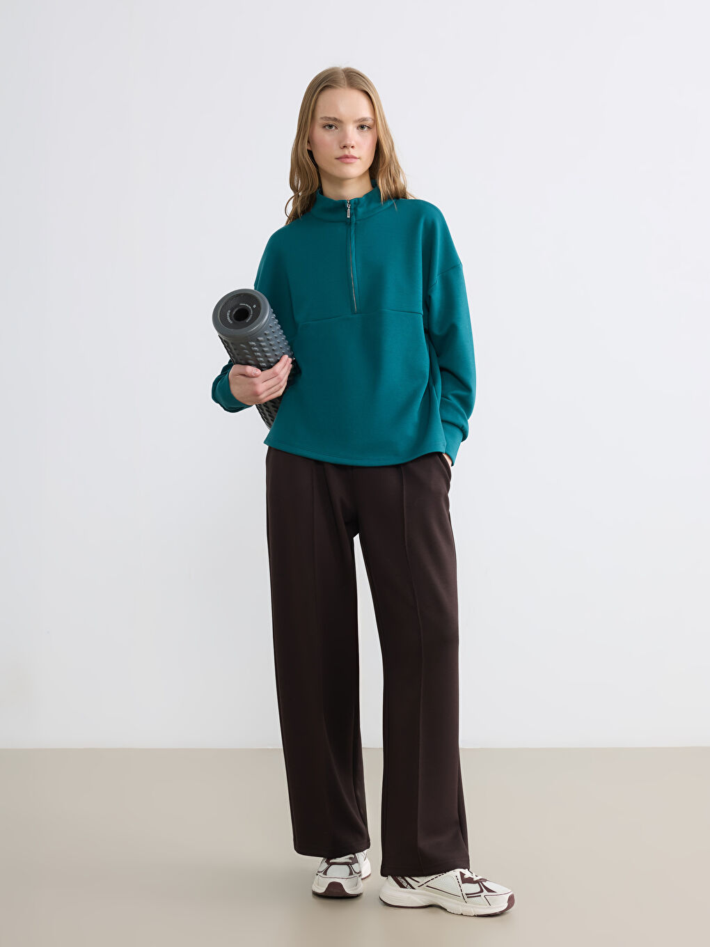 Petrol Dik Yaka Soft Touch Oversize Kadın Sweatshirt-1