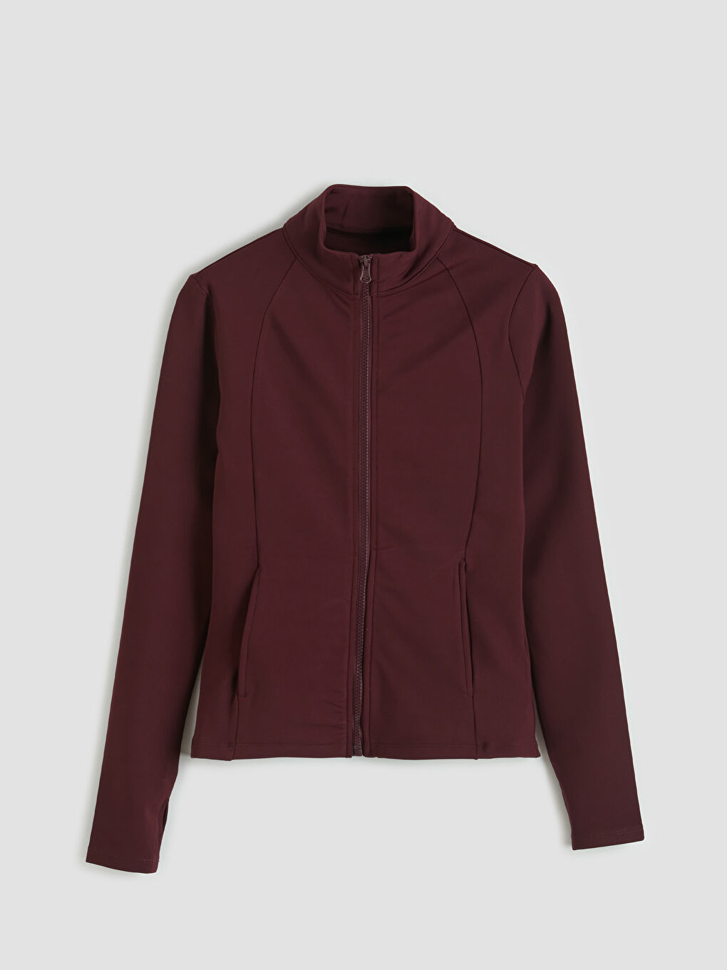 Bordo Dik Yaka Parmak Geçmeli Kadın Fermuarlı Sweatshirt	-4