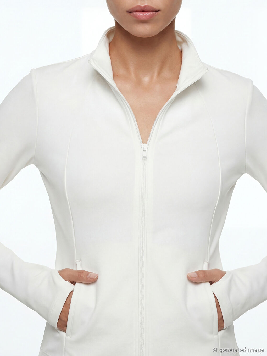 Beyaz Dik Yaka Parmak Geçmeli Kadın Fermuarlı Sweatshirt	-2