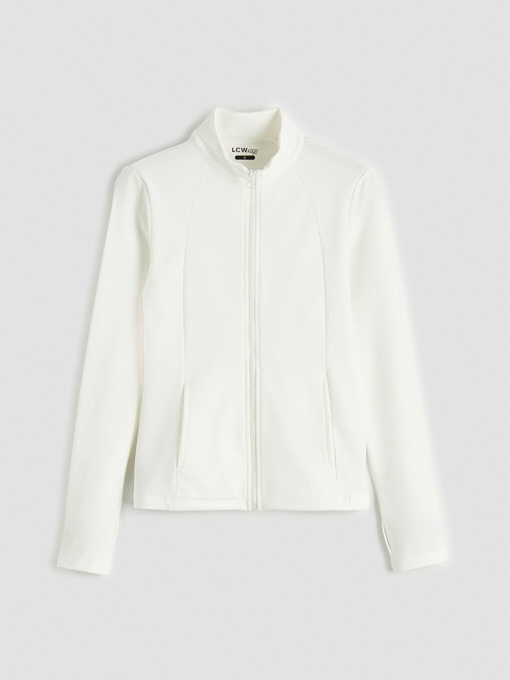 Beyaz Dik Yaka Kadın Fermuarlı Sweatshirt