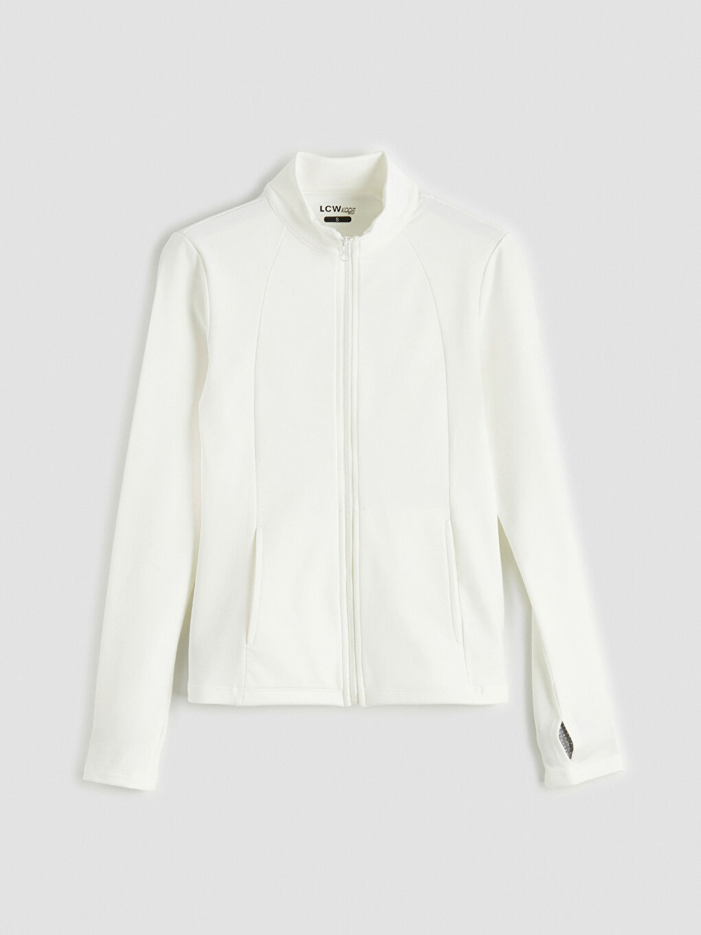 Beyaz Dik Yaka Kadın Fermuarlı Sweatshirt-1