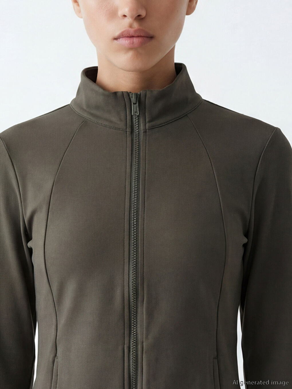 Haki Dik Yaka Parmak Geçmeli Kadın Fermuarlı Sweatshirt	-2