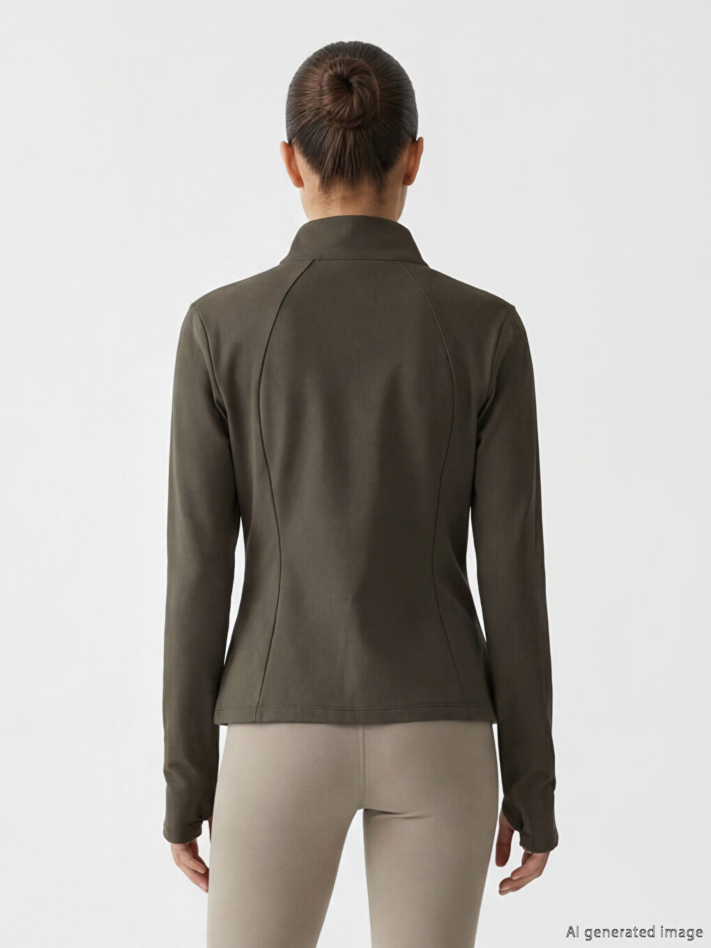 Haki Dik Yaka Parmak Geçmeli Kadın Fermuarlı Sweatshirt	-3