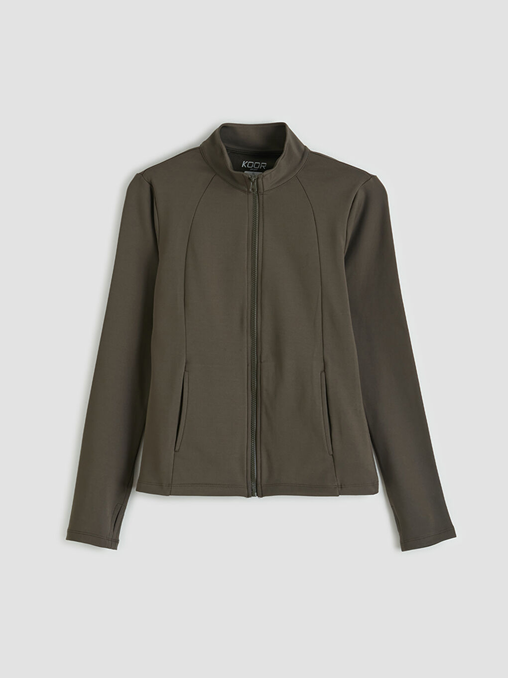 Haki Dik Yaka Kadın Fermuarlı Sweatshirt