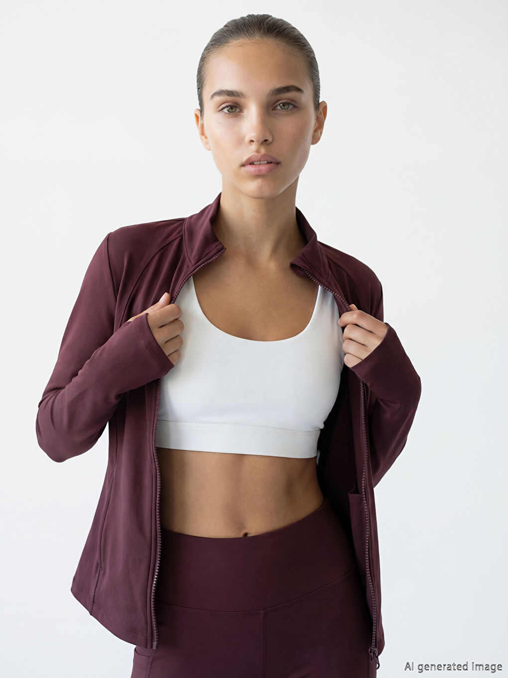 Bordo Dik Yaka Parmak Geçmeli Kadın Fermuarlı Sweatshirt	