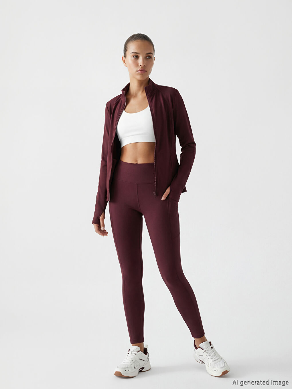 Bordo Dik Yaka Parmak Geçmeli Kadın Fermuarlı Sweatshirt	-1