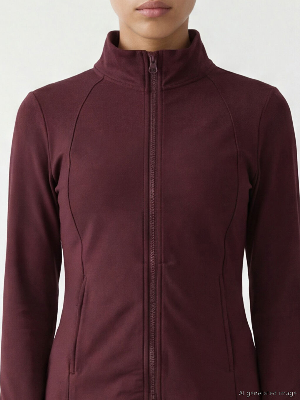 Bordo Dik Yaka Parmak Geçmeli Kadın Fermuarlı Sweatshirt	-2