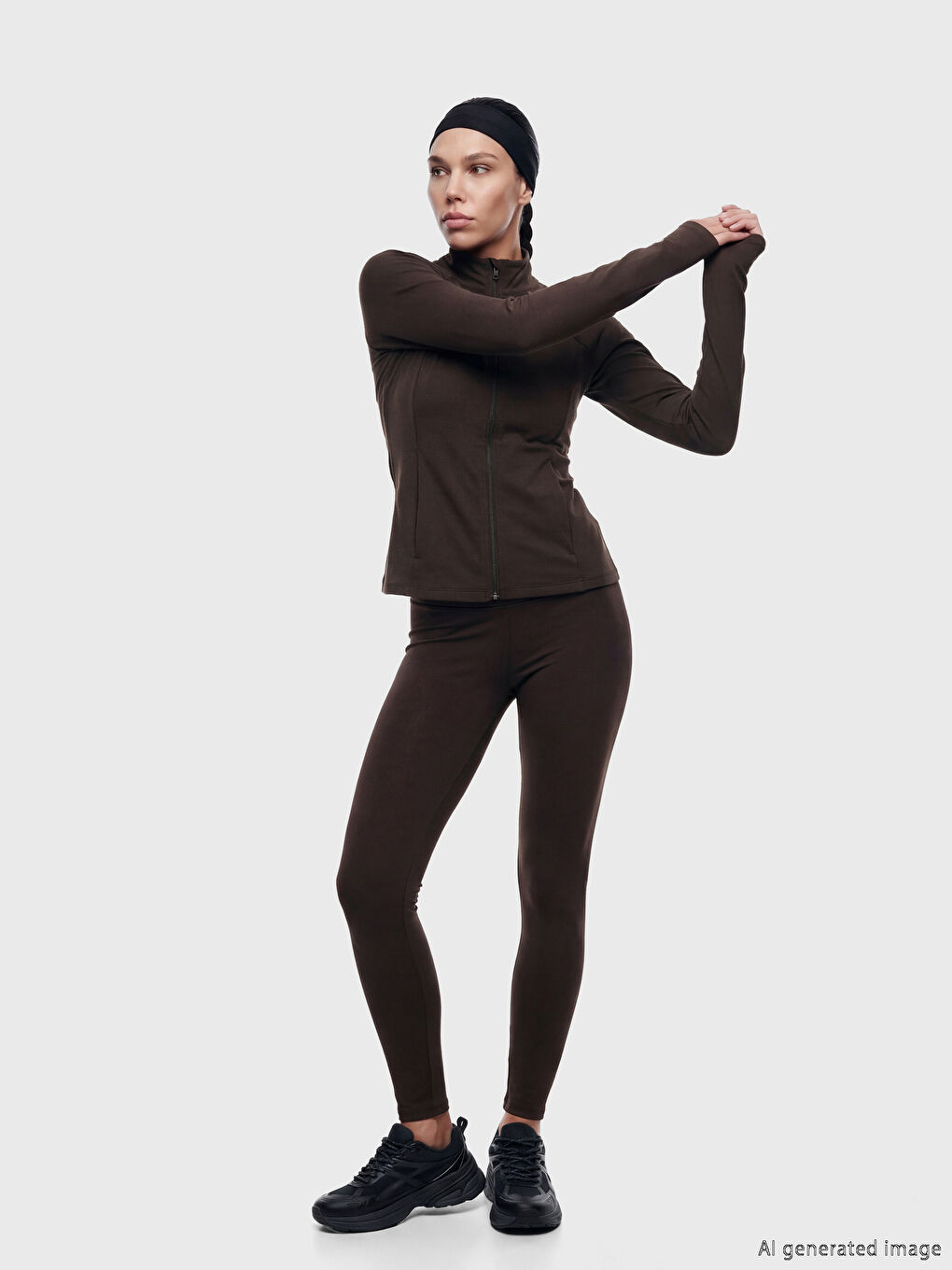 Kahverengi Dik Yaka Parmak Geçmeli Kadın Fermuarlı Sweatshirt	-1