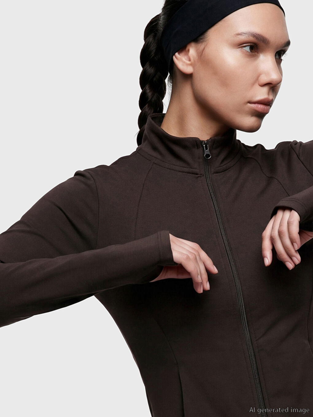 Kahverengi Dik Yaka Parmak Geçmeli Kadın Fermuarlı Sweatshirt	-2