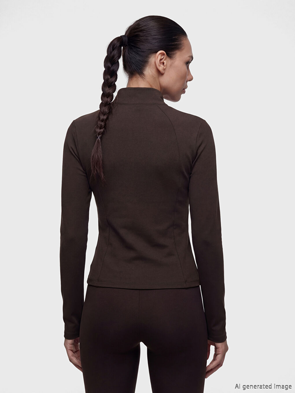 Kahverengi Dik Yaka Parmak Geçmeli Kadın Fermuarlı Sweatshirt	-3