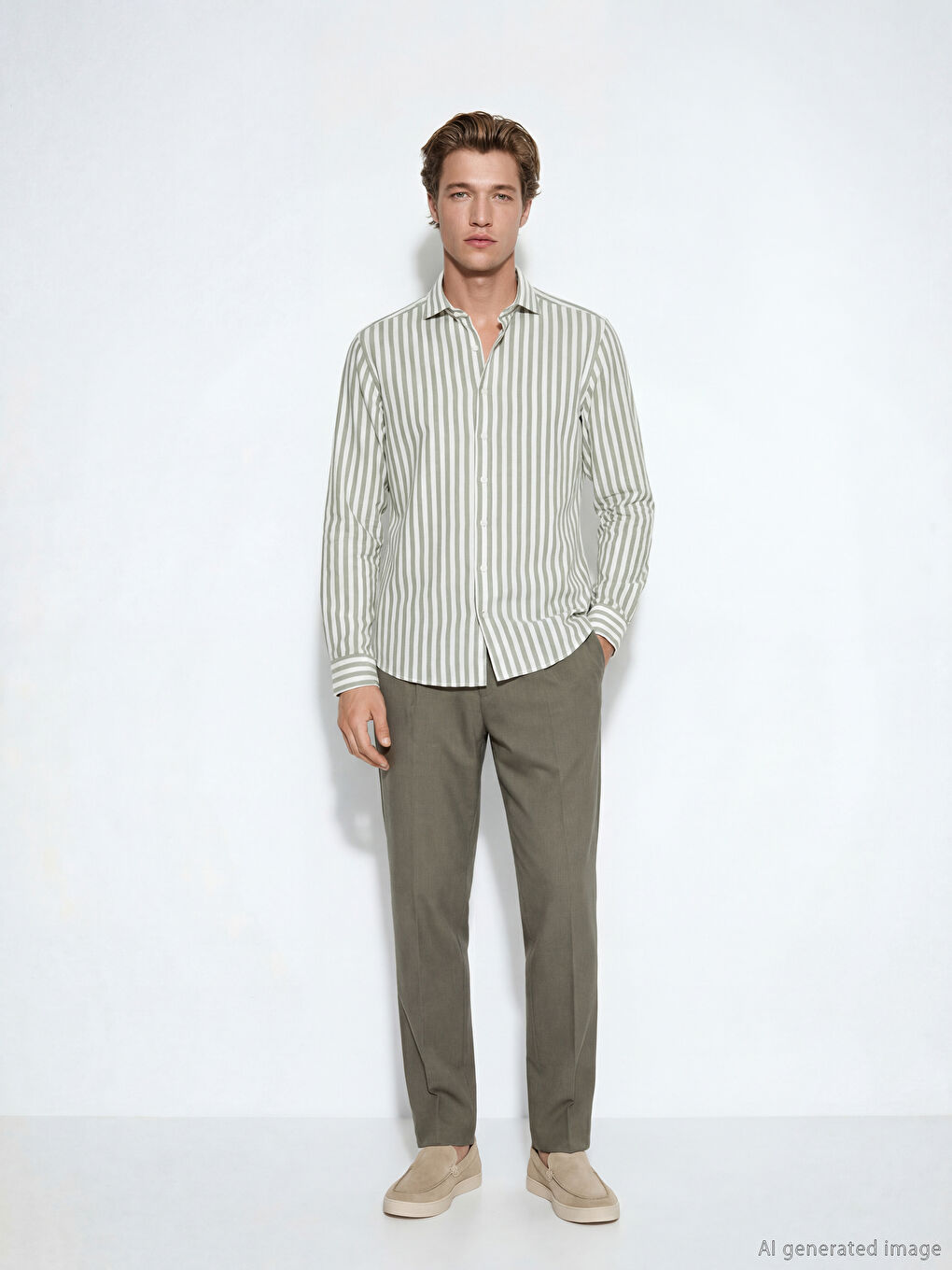 Haki Regular Fit Çizgili Keten Karışımlı Erkek Gömlek-1