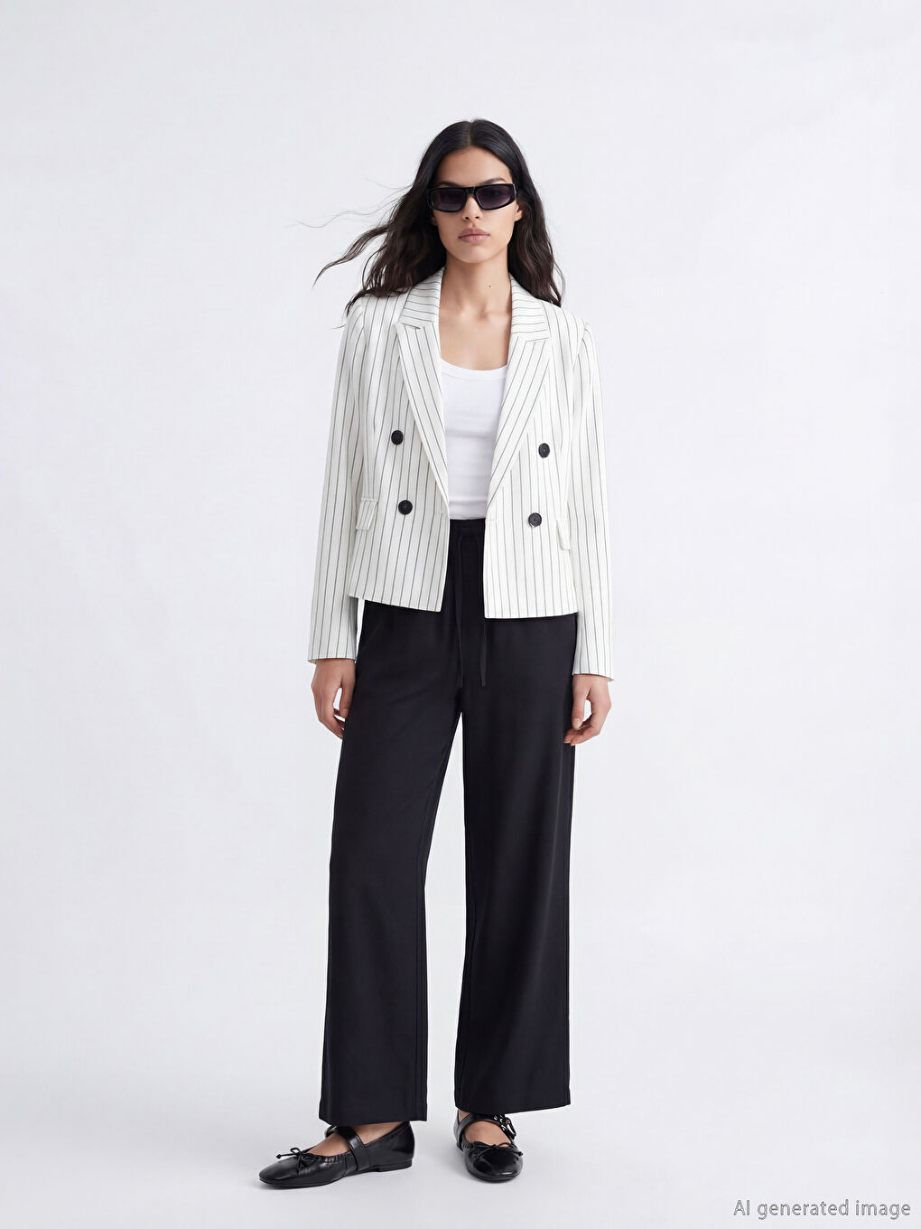 Beyaz Kruvaze Yaka Çizgili Kadın Blazer Ceket-1