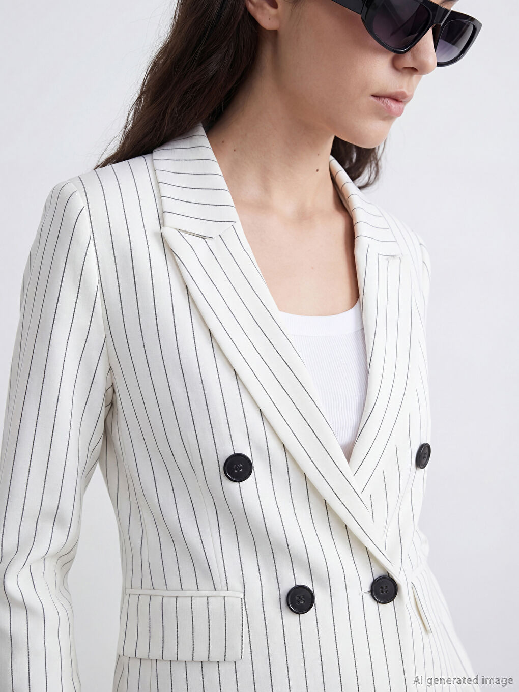 Beyaz Kruvaze Yaka Çizgili Kadın Blazer Ceket-2