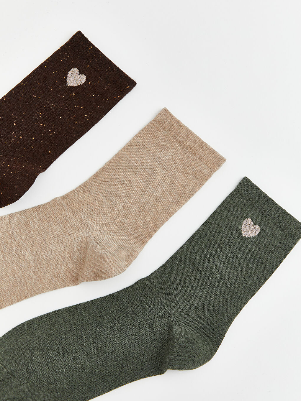 Kahverengi Kalp Nakışlı Kadın Soket Çorap 3'lü-1