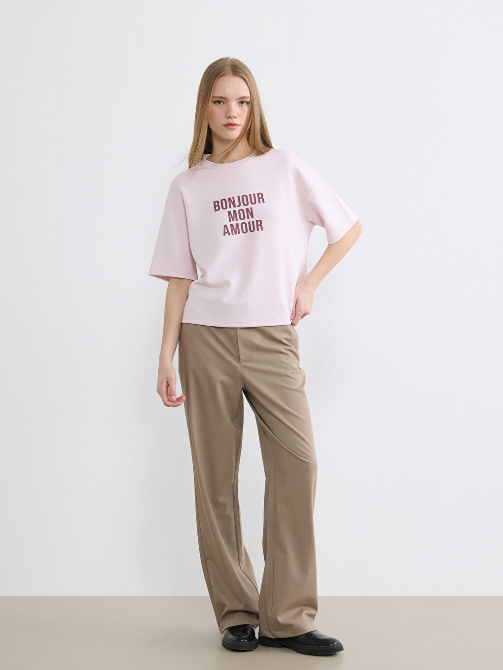 Pembe Soft Touch Oversize Kadın Tişört-1