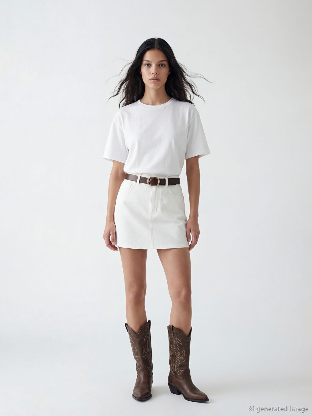 Ekru Bisiklet Yaka Oversize Kadın Tişört-2