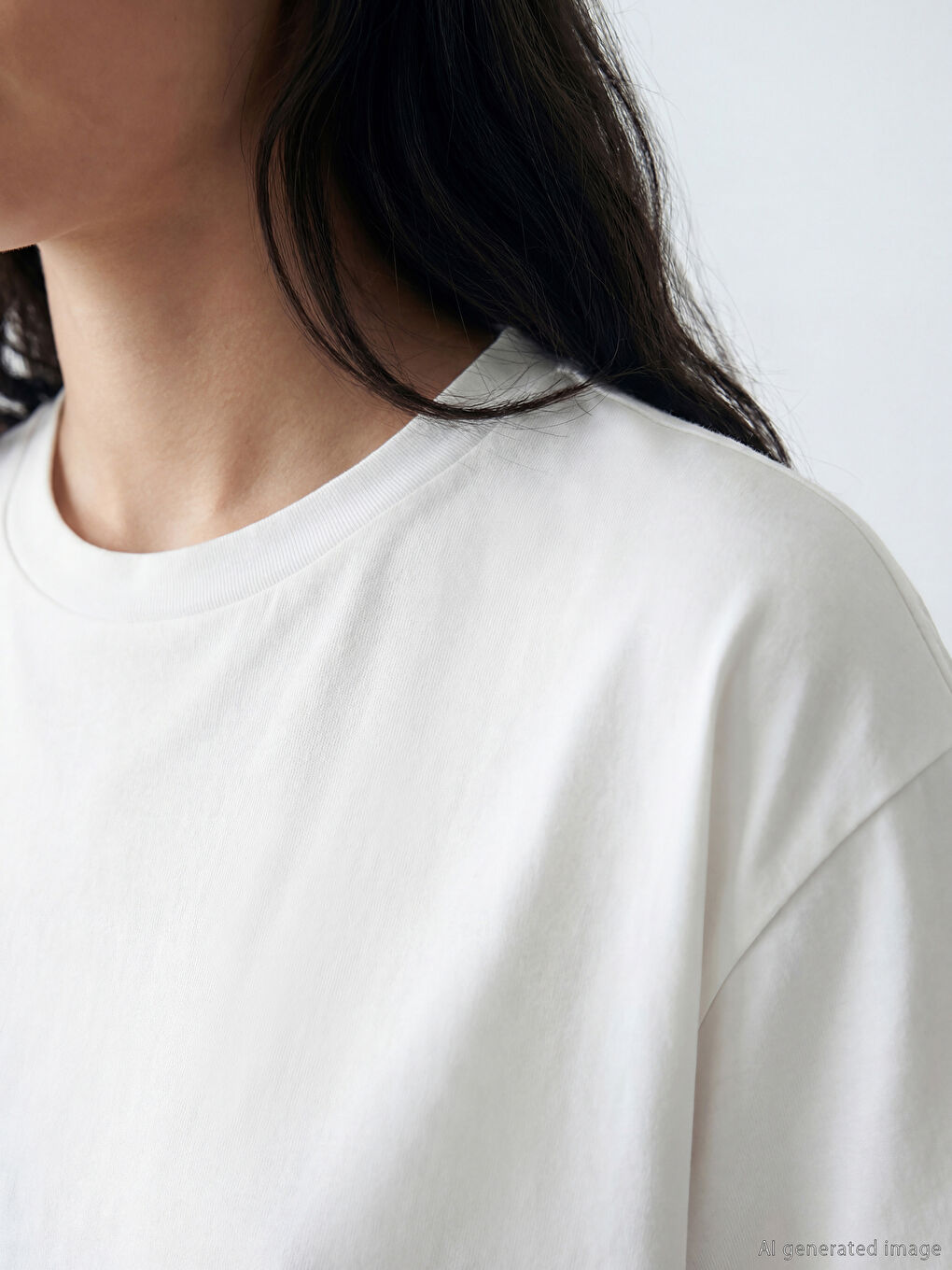 Ekru Bisiklet Yaka Oversize Kadın Tişört-3