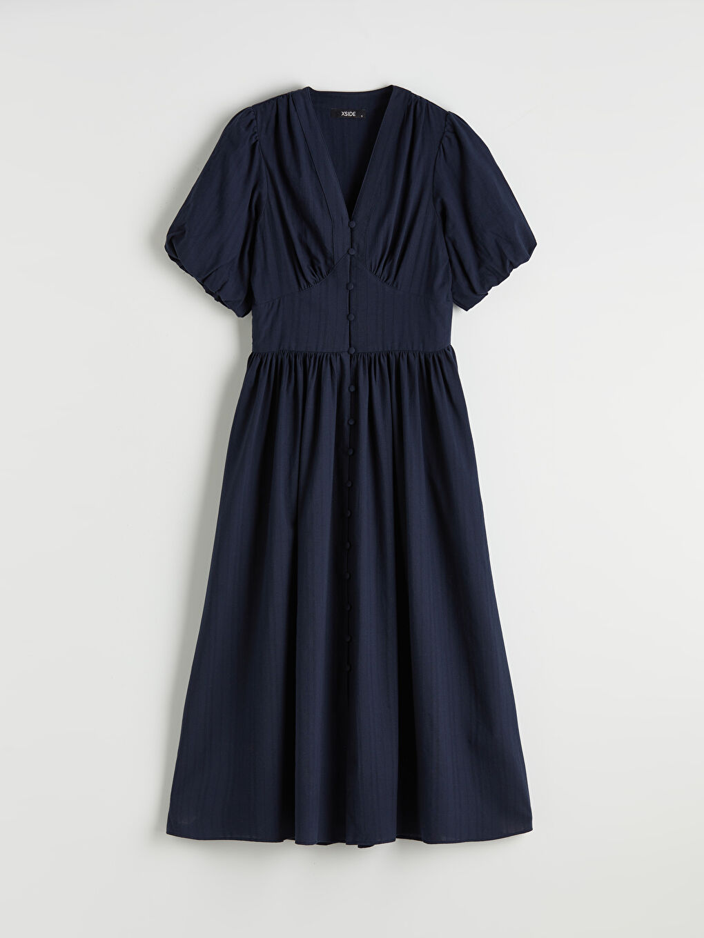 Lacivert V Yaka Belden Oturtmalı Elbise-4