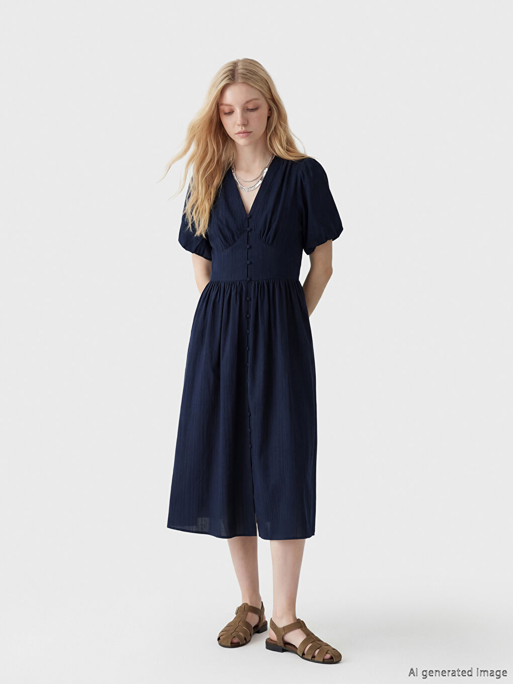 Lacivert V Yaka Belden Oturtmalı Elbise-1