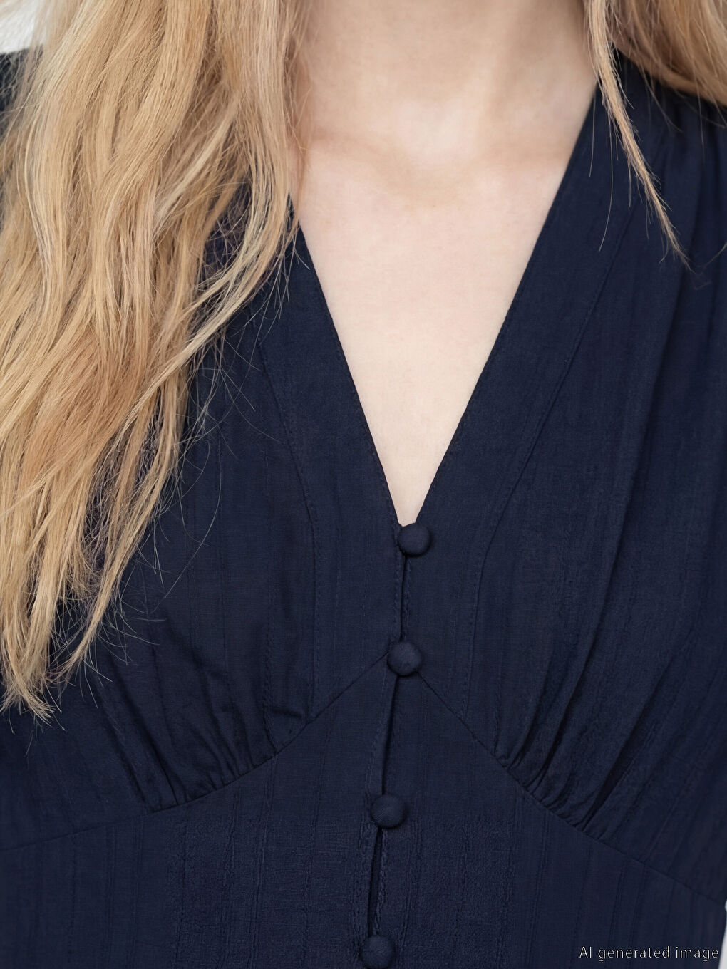 Lacivert V Yaka Belden Oturtmalı Elbise-2